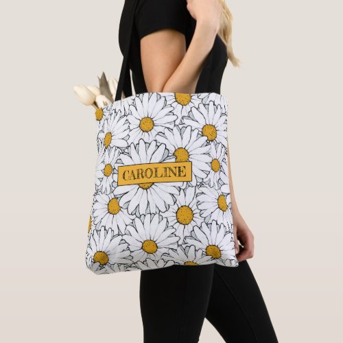 Custom Modern Chic Ornate Daisy Floral Pattern Tote Bag