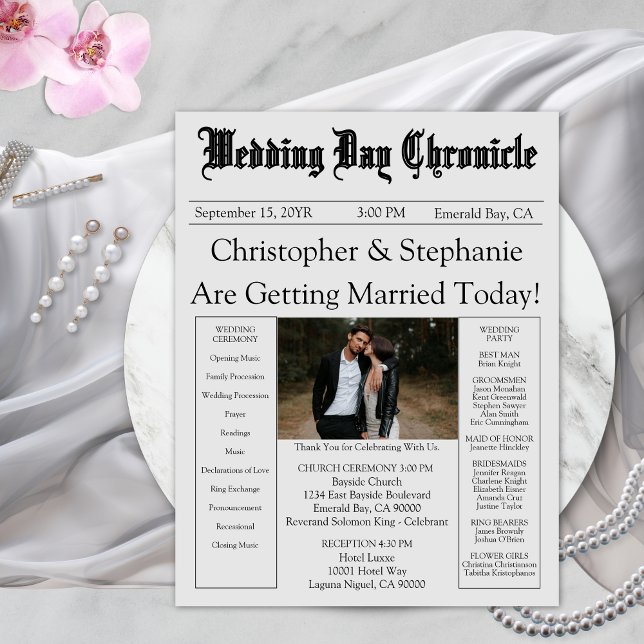 Custom Modern Chic Photo QR Code Wedding Program (Custom Gray Newspaper Style Elegant Script One Photograph Wedding Program)