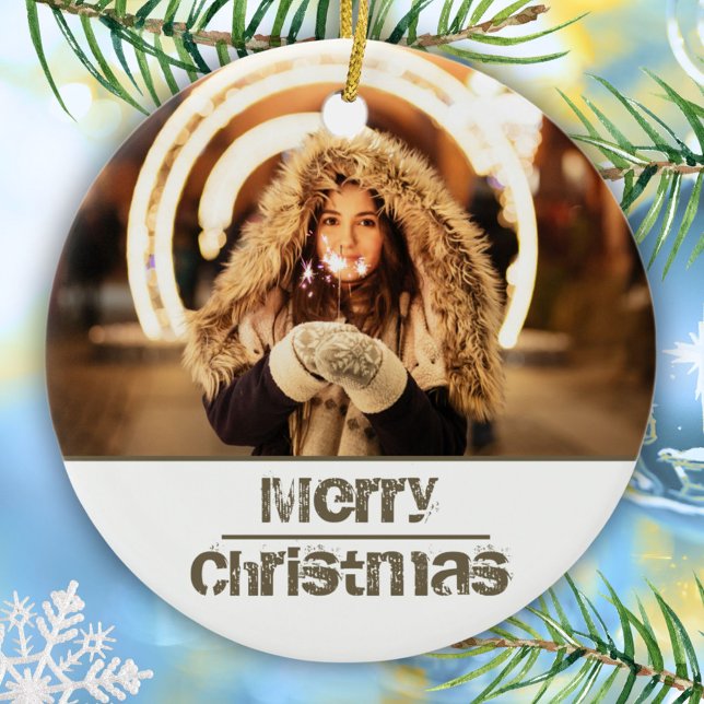 Custom Modern Christmas Holiday Photo Ceramic Ornament (Creator Uploaded)
