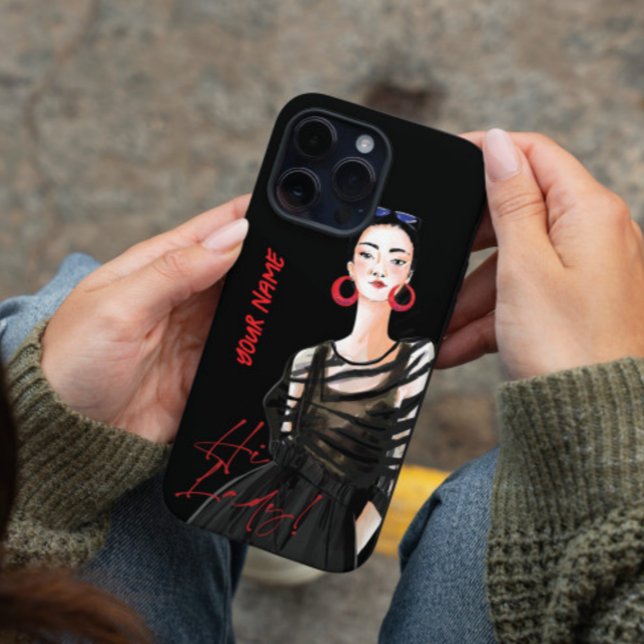 Custom Modern City Girl Black Red Graphic iPhone Case (The modern phone case with a fashionable lady in black, confident and high fashion, on zebra shirt.)