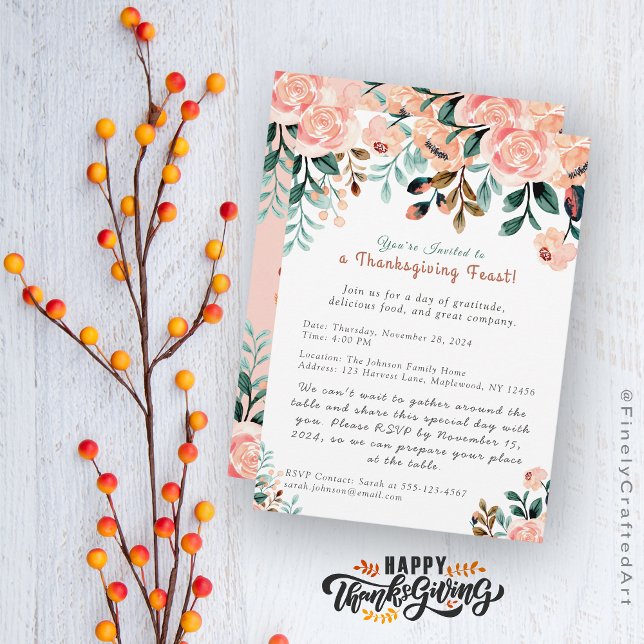 Custom Modern Colorful Floral Thanksgiving Holiday Invitation (Creator Uploaded)