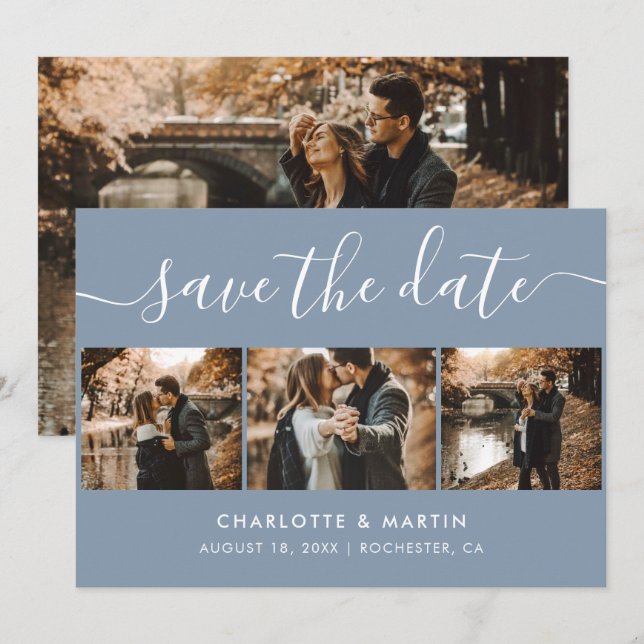 Custom Modern Dusty Blue Wedding 4 Photo Save The Date (Front/Back)