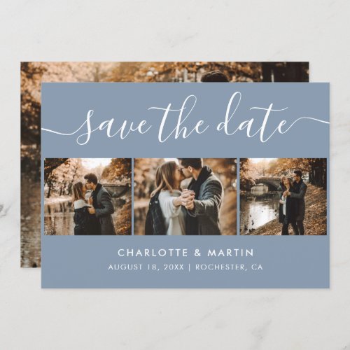 Custom Modern Dusty Blue Wedding 4 Photo Save The Date