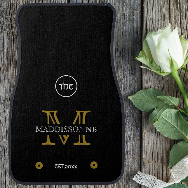 Custom Modern Elegant Black White Gold Monogrammed Car Floor Mat (Creator Uploaded)