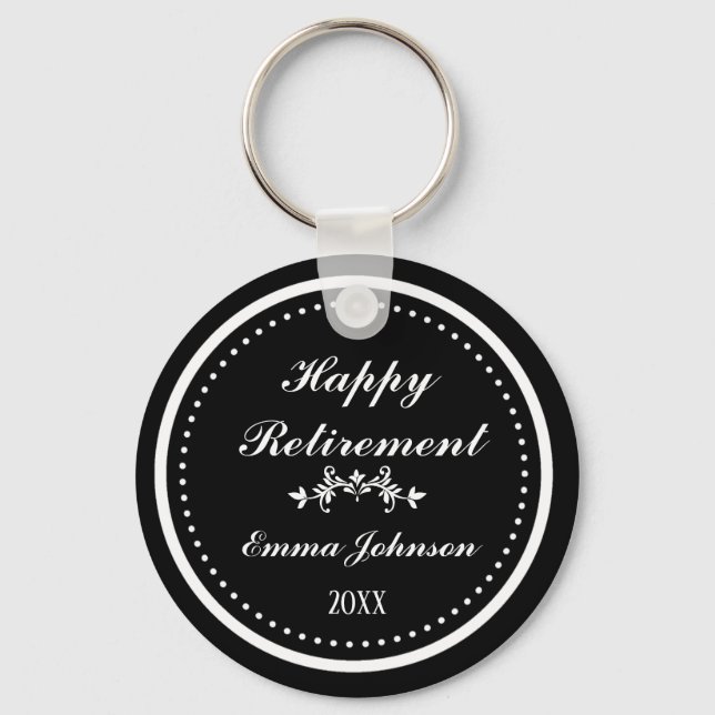 Custom Modern Elegant Black&White Happy Retirement Keychain (Front)