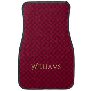 Custom Modern Elegant Gold Name Maroon Checkered Car Floor Mat