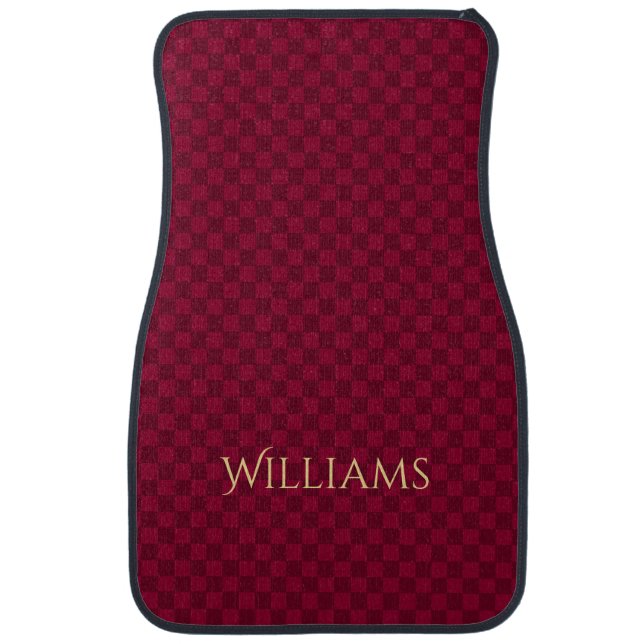 Custom Modern Elegant Gold Name Maroon Checkered Car Floor Mat (Front)