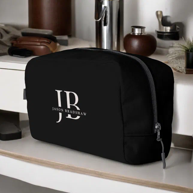 Custom Modern Elegant Monogram and Name Black Dopp Kit
