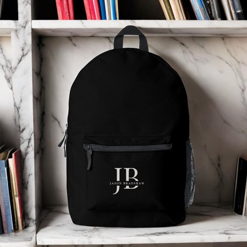 Custom Modern Elegant Monogram and Name Black Printed Backpack