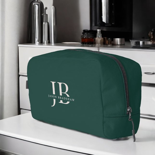 Custom Modern Elegant Monogram and Name Dark Green Dopp Kit (Personalize with your name and monogram initials.)