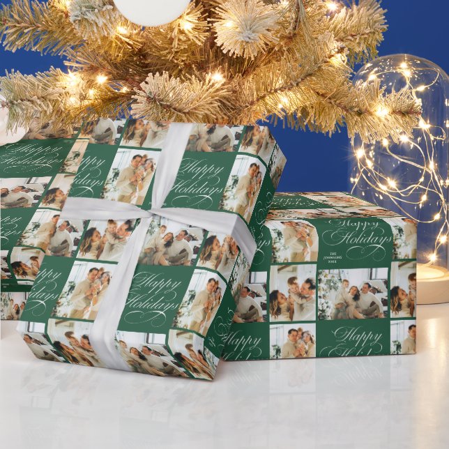 Custom Modern Elegant Photo Green Happy Holidays Wrapping Paper (Holidays)