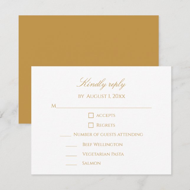 Custom Modern Elegant Script Gold & White Wedding RSVP Card (Front/Back)