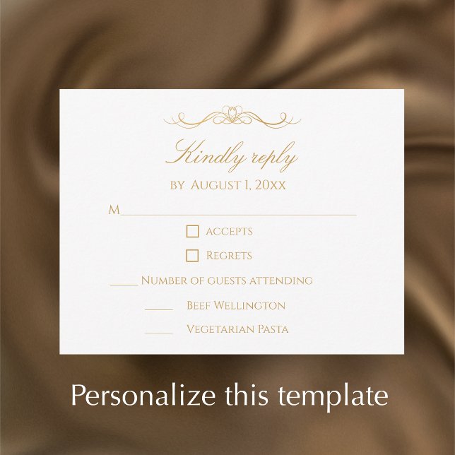 Custom Modern Elegant Script Gold & White Wedding RSVP Card (Personalize this faux gold and white elegant swirl wedding reply card. Unique stylish design.)
