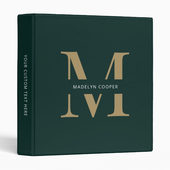 Custom Modern Emerald Gold Monogram Office School 3 Ring Binder (Front/Spine)