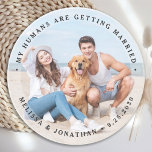 Custom Modern Engagement Pet Wedding Dog Photo Coaster<br><div class="desc">Celebrate your engagement and give unique dog wedding save the dates with these custom photo, and personalized 'My Humans Are Getting Married" wedding save the date coaster. Customize with your favorite photos, names and date. This custom photo wedding coaster is perfect for engagement party favors, and an alternative to dog...</div>