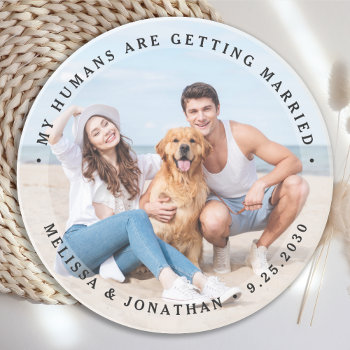 Custom Modern Engagement Pet Wedding Dog Photo Coaster by BlackDogArtJudy at Zazzle