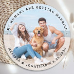 Custom Modern Engagement Pet Wedding Dog Photo Round Paper Coaster<br><div class="desc">Celebrate your engagement and give unique dog wedding save the dates with these custom photo, and personalized 'My Humans Are Getting Married" wedding save the date coaster. Customize with your favorite photos, names and date. This custom photo wedding coaster is perfect for engagement party favors, and an alternative to dog...</div>