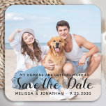 Custom Modern Engagement Pet Wedding Dog Photo Square Paper Coaster<br><div class="desc">Add the finishing touch to your dog wedding save the dates with these custom photo, and personalized 'My Humans Are Getting Married... Save The Date' stickers. Customize with your favorite photo, names and date. These pet wedding dog save the date stickers are perfect for engagement party, save the date pet...</div>