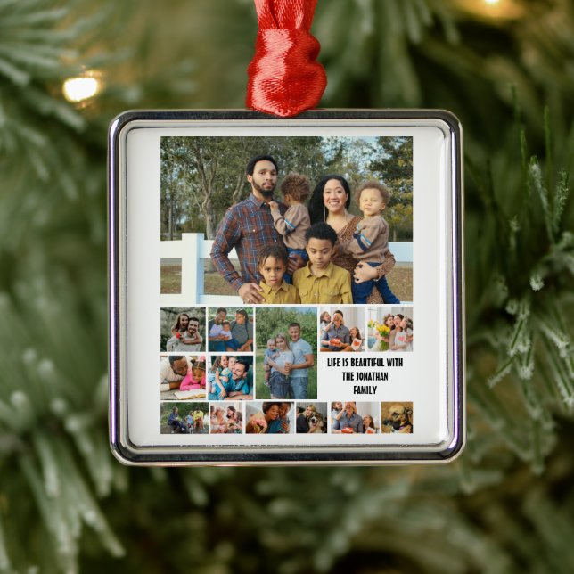 Custom Modern Family 14 Photo Collage Template Metal Ornament (Tree)