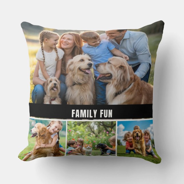 Custom Modern FAMILY FUN Photo Collage Throw Pillow (Front)