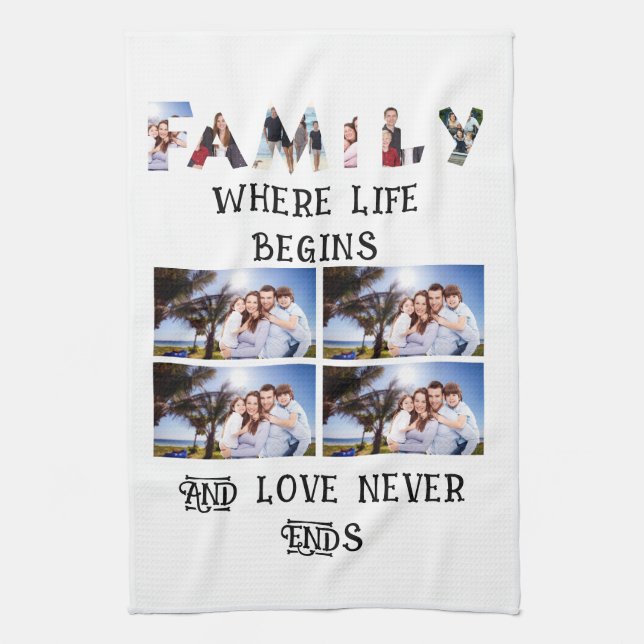 Custom Modern Family Love 10 Photo Collage Kitchen Towel (Vertical)