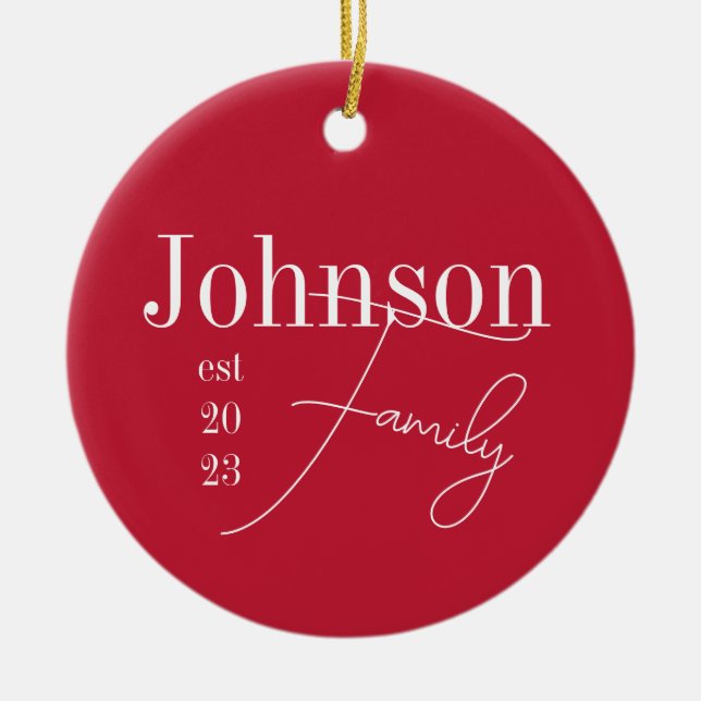Custom Modern Family Name Christmas Ceramic Ornament (Front)