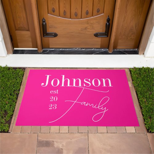 Custom Modern Family Name Hot Pink Doormat
