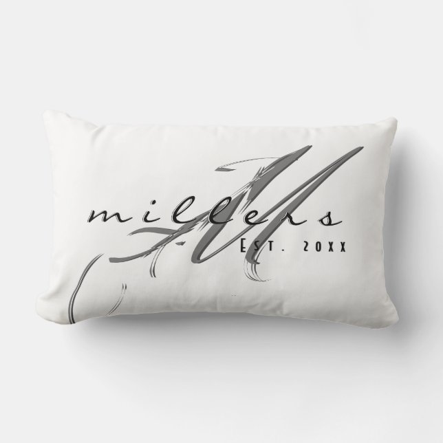 Custom Modern Family Name & Monogram | White Lumbar Pillow (Front)