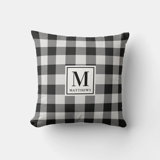 Custom Modern Farmhouse Black and White Monogram Throw Pillow (Front)