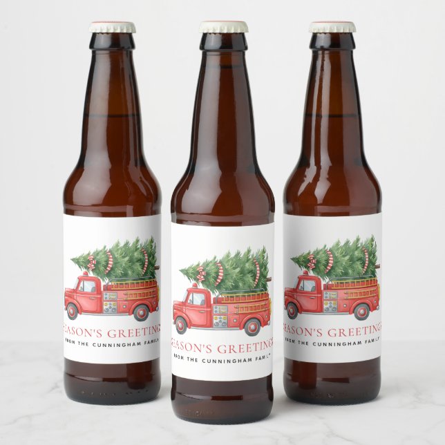 Custom Modern Firefighter Christmas Fire Truck  Beer Bottle Label (Bottles)