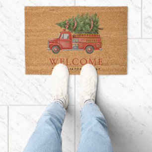 Custom Modern Firefighter Christmas Fire Truck Fiber Doormat