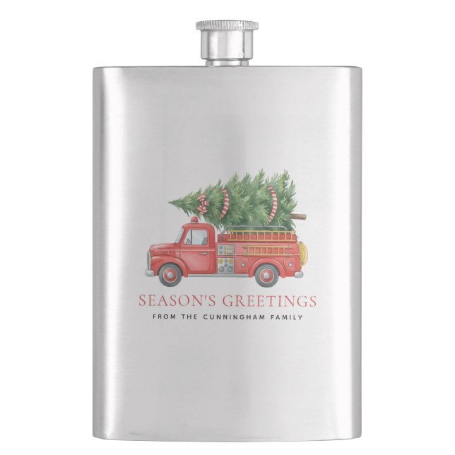 Custom Modern Firefighter Christmas Fire Truck  Flask (Front)