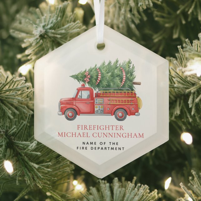 Custom Modern Firefighter Christmas Fire Truck  Glass Ornament (Insitu)