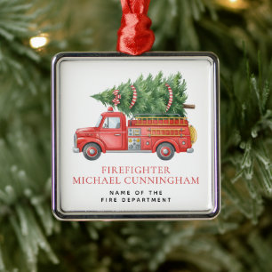 Custom Modern Firefighter Christmas Fire Truck  Metal Ornament