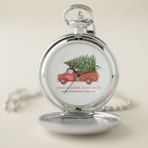 Custom Modern Firefighter Christmas Fire Truck  Pocket Watch