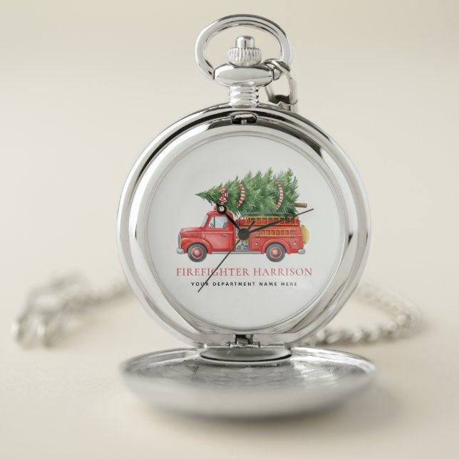 Custom Modern Firefighter Christmas Fire Truck  Pocket Watch (Inside)