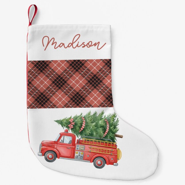 Custom Modern Firefighter Christmas Fire Truck  Small Christmas Stocking (Front)