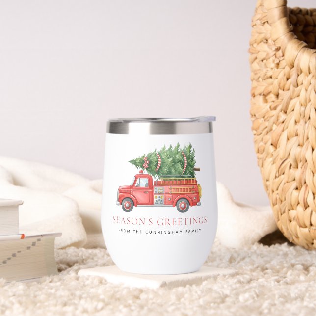 Custom Modern Firefighter Christmas Fire Truck  Thermal Wine Tumbler (Living Room)