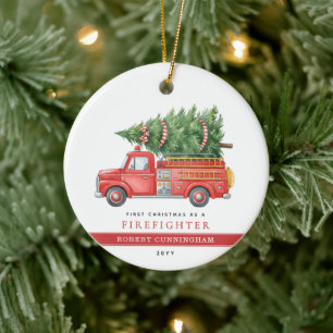 Custom Modern Firefighter First Christmas Ceramic Ornament