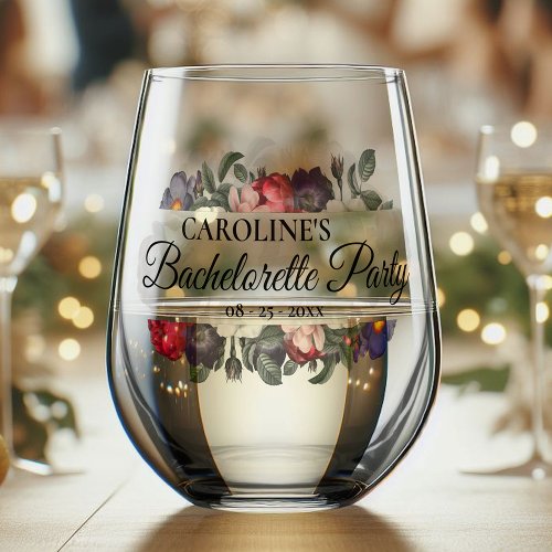 Custom Modern Floral Bride Bachelorette Party Date Stemless Wine Glass
