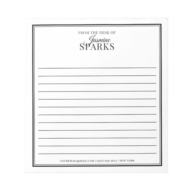Custom Modern From the Desk of Name Lined Black Notepad (Front)