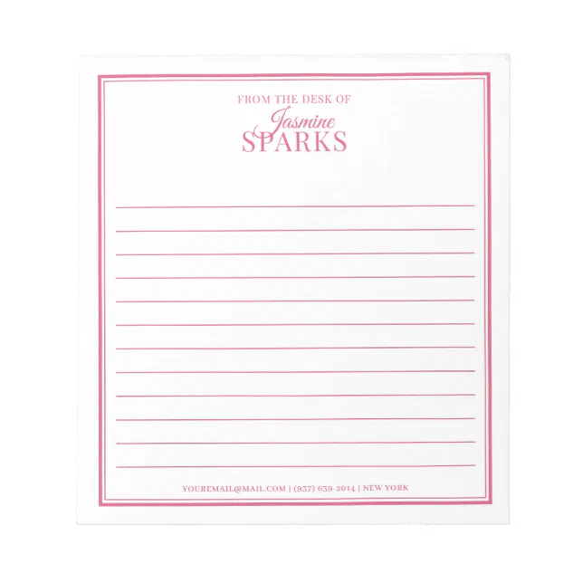 Custom Modern From the Desk of Name Lined Pink Notepad | Zazzle