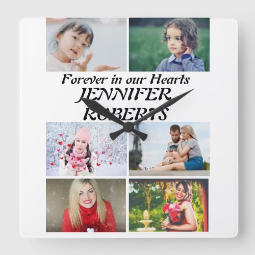 Custom modern Funeral 6 Photo Collage  Square Wall Clock