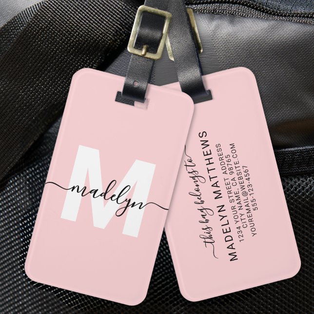 Custom Modern Girly Blush Pink Monogram Name Luggage Tag (Custom Modern Girly Blush Pink Monogram Name Luggage Tag)