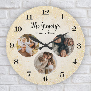 Custom Modern Gold 3 Photo Collage Fun Family Time Large Clock