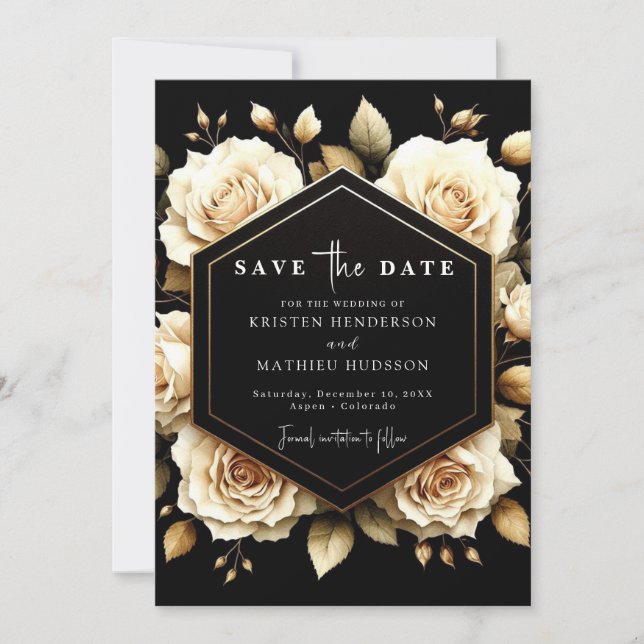 Custom Modern Gold and Black Wedding Save The Date (Front)