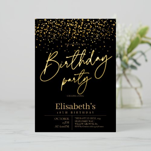 Custom Modern Gold Foil & Black Birthday Party Invitation