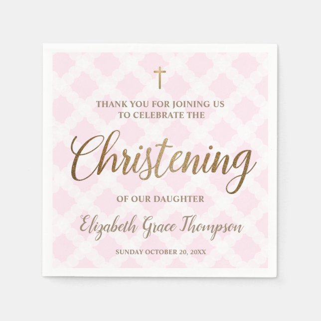 Custom Modern Gold Pink baby Girl Name Christening Napkins (Front)