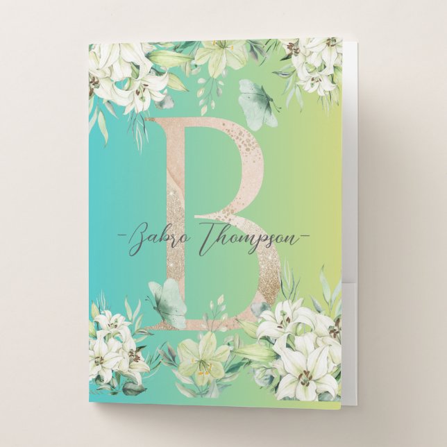 Custom modern gradient background white flowers pocket folder (Front)