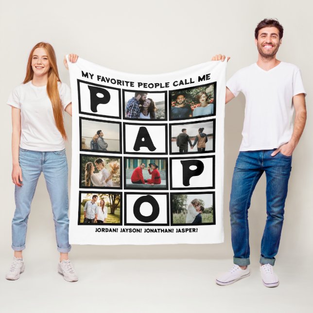 Custom Modern Grandpa Papo 8 Photo Collage Fleece Blanket (In Situ)